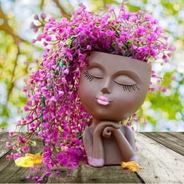 LovTocTic Face Flower Pot Head Planter, Girl Heads Flowerpot, Lady Faces Plant Pot, Female Bust Statue Succulent Pots with Drainage Hole for Indoor Outdoor Plants, Modern Human Art Vase(7" Brown)