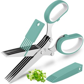 Updated 2025 Herb Scissors Set - Cool Kitchen Gadgets for Cutting Fresh Garden Herbs - Herb Cutter Shears with 5 Blades and Cover, Sharp and Anti-rust Stainless Steel, Dishwasher Safe (Blue-White)