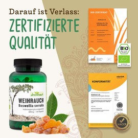 dreikraut Weihrauch-Kapseln BIO, 140 Stück, 400mg, hochdosiert, Boswellia Serrata, 1600mg je Tagesdosis, 65% Boswellia-Säuren, 100% Indischer Weihrauchextrakt ohne Zusätze, Deutsche Herstellung