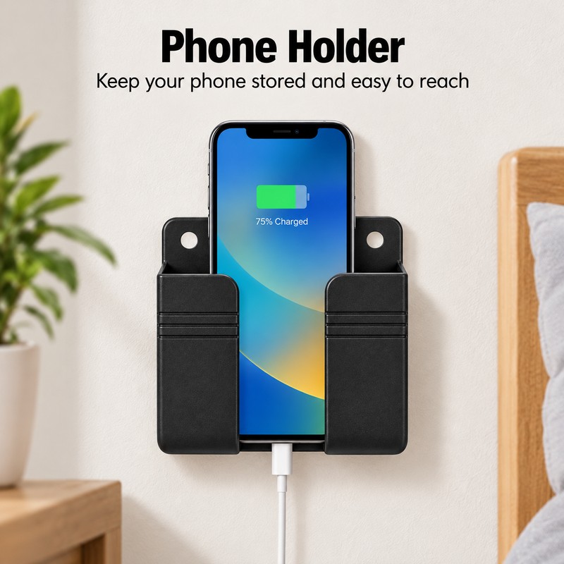 Wall-Mounted Storage Box for Remote & Phone – Punch-Free Black