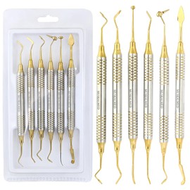 MuskalMed 6 Pcs Dental Instrument Composite Resin Filling Spatula Gold Titanium Plated Head Filler Thick Handle Restoration Set Dental Tool Set