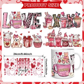 Valentine’s Day UV DTF Cup Wrap Stickers for Glass Red Heart Rub on Transfers Mug Decals Romantic Heart Bear Love Baby Design Waterproof Uvdtf Cup Wraps Stickers for 16oz Glass Furniture DIY Craft