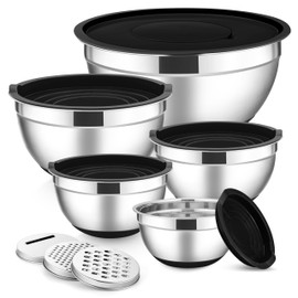 E-far Stainless Steel Mixing Bowls with Lids Set, 5-Piece Nesting Salad Bowls with 3 Grater Attachments and Non-Slip Bottoms, Size 4.6, 2.6, 2, 1.5, 1QT for Kitchen (Black)