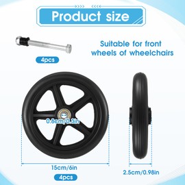 4 Pack Replacement Wheelchair Wheels 6 Inch Universal Anti-Slip Wheelchair Front Wheels Solid Wheelchairs Front Wheel With 4 Axles for Wheelchairs, Rollators, Walkers, Black