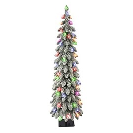 Puleo International 4 ft Pre-lit Flocked Alpine Pencil Tree 139 Tips 50 UL Multi-Color Lights