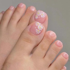 Flower Press on Toenails Nude Pink Fake Toenails Square False Toe nails with Daisy Design Glossy Acrylic Kit Full Cover Glue on Toenail Artificial Stick on Toe Nail for Women 24Pcs