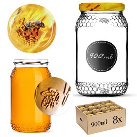 KADAX Set of 8 Preserving Jars, 900 ml, TO82 Bee, Large Preserving Jars with Screw Lid, Preserving Jars, Fermenting Jar for Cucumbers, Vegetables,