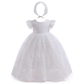Leideur Baby Girl Christening Dress Long Blessing Dresses White Formal Wedding Dresses for Newborns, White (white 3)