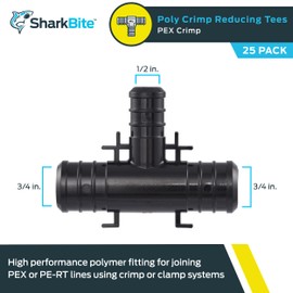 SharkBite 3/4 Inch x 3/4 Inch x 1/2 Inch Poly Crimp Reducing Tee, Pack of 25, PEX Pipe, PE-RT, UP412