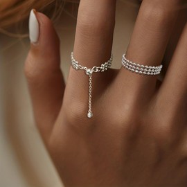 IPEPPY Stackable 925 Sterling Silver Link Chain Ring with Dangle Beaded Ball Adjustable Tassel Dangling Ring for Women Thin Sparkling Bling Finger Statement Line Ring Jewelry Christmas Gifts for Her (Silver-Style 2)