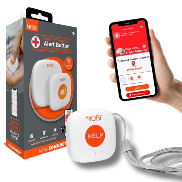 MOBI Emergency Alert Button, Smart Wireless Caregiver Support Monitoring System - 24/7 Live Professional Emergency Support – Medical Alert SOS Help Button