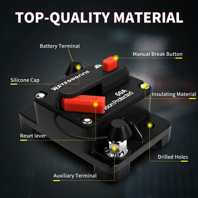 TEMCHY 60Amp Circuit Breaker Waterproof Marine Motor Accessory for Boat