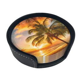 Sunset Palm Tree Tropical Beach Coasters for Drinks Round Leather Coaster with Holder Set of 6 for Tabletop Protection Desk Accessories Office Home Room Decor