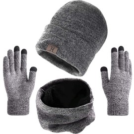 Hat Scarf and Gloves Set, Aisprts Winter Scarf and Hat Set Touch Screen Gloves for Men and Women (Grey)(Size: One Size)