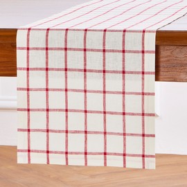 Solino Home Plaid Linen Table Runner 60 Inch - 100% Pure Linen Tofu and Red Check Table Runner 14 x 60 Inch - Handcrafted and Machine Washable Fabric - Windowpane