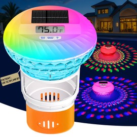 Chlorine Floater with Digital Thermometer, Solar Pool chlorines Floater with Lights,Button Control Pool Chlorine Dispenser,Large LCD Screen Floating Chlorines Dispenser,Adjustable Flow（Orange）