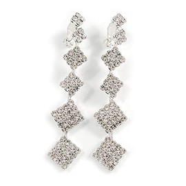 Statement Clear Crystal Graduated Square Clip On Earrings/Silver Tone Metal/70mm L