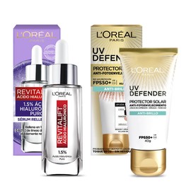 LOréal Paris Kit Protector Solar Diario FPS50 UV Defender Anti-Brillo  Sérum Rostro Revitalift Ácido Hialurónico                                      