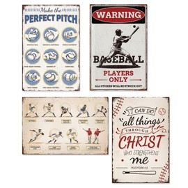 DOODLREAM 4Pcs Baseball Wall Decor Sign Vintage Metal Tin Retro Baseball Sports Wall Poster For Boys Room Decor 20 x 30cm