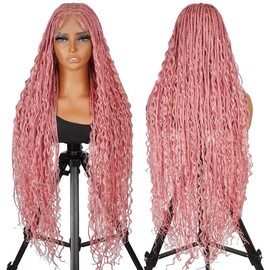 SuperNova #Gray 36" Full Lace Bohemian Box Braided Synthetic Wig, Premium Quality, Wavy, Lightweight & Natural Look - Ideal for a Stylish Hair Transformation - Hair Color: #Pink