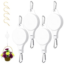 Gueenky Pack of 4 Retractable Hooks for Plants, White Hanging Basket Pulley Plant Lift Rope Pulley Flower Basket Hook for Hanging Basket Plants Bird House with Ceiling Hook