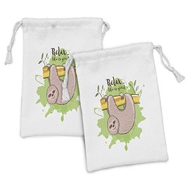 Ambesonne Sloth Fabric Pouch Set of 2, Relax Life is Inspirational Illustration of Tropical Mammal on Tree Branch, Small Drawstring Bag for Toiletries Masks and Favors, 9" x 6", Green Tan Yellow