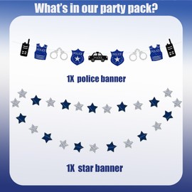 Police Birthday Decoration Garland for Children - Policeman Party Decoration with Police Car and Stars Banner, Blue Silver Children's Birthday Decorations for Boys Police Theme Party