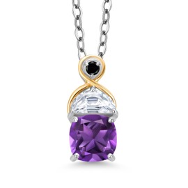 Gem Stone King 925 Silver and 10K Yellow Gold Pendant with Chain Cushion Purple Amethyst and Moissanite (1.31 Cttw)