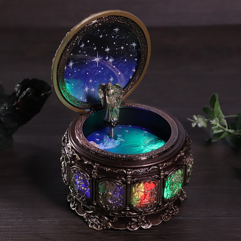 Vintage Music Box with 12 Constellations Rotating Goddess Twinkling LED