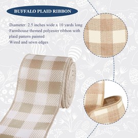 Farmhouse Buffalo Plaid Ribbon Wired, Burlap Gingham Fabric Ribbon Checkered Ribbons for Bow Wreath Supplies Gifts Wrapping DIY Crafts Party Home Decor Baby Shower Birthday, 2.5" x 10 Yards