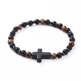 LZD Unisex Tiger Eye Stretch Bracelet Cross Black Agate Frosted Stretch Healing T53