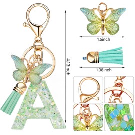 Cute Initial Letter Keychains with Butterfly Tassel, Green Alphabet Key Chains Pendant Key Ring for Wallet Backpacks Bag (A)