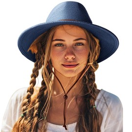 DRESHOW Womens Summer Straw Sun Hat Wide Brim Bucket Hats Fedora Hats Panama Beach Hat with Chin Strap UPF 50+