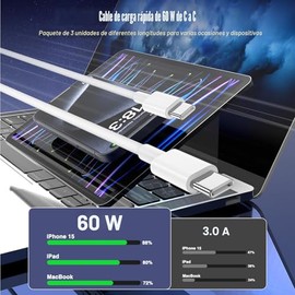 LOFPYE - Paquete de 3 cables USB C a USB C [1m+2m+3m], cable tipo C a tipo C, cable de carga rápida de 60W para iPhone 17 16 15 Pro Plus Pro Max Air, 