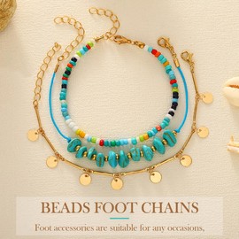 Fashband Boho Layered Anklets Turquoise Beaded Ankle Bracelets Sequins Beach Foot Chain for Women