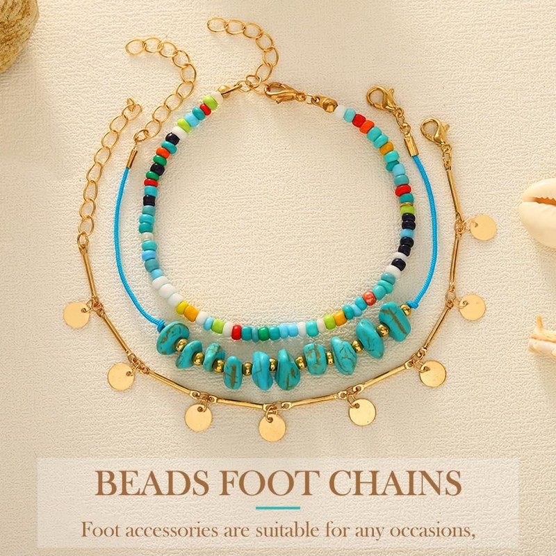 Fashband Boho Layered Anklets Turquoise Beaded Ankle Bracelets Sequins Beach