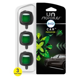 Febreze Unstopables - Ambientador para coche que elimina el olor del coche, aroma paraíso, 0.7 onzas, clip de ventilación de coche, 3 unidades y funda de almacenamiento