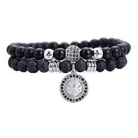 Lisandra Scott Double Bracelet Made of Volcanic Rock with Lion Head and Natural Stone Beads for Men Made of Stainless Steel I Bracelet Adjustable with Lion and Beads Bracelets Men Jewellery, One size,