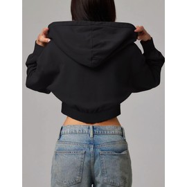 TZLDN Womens Cropped Zip Up Hoodies Sweatshirts Long Sleeve Tops Hooded Jackets Basic Fall Casual Outfits Black - Small