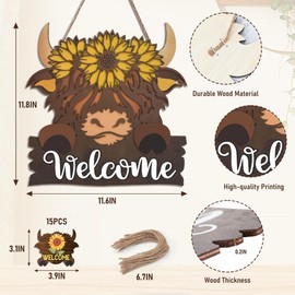 Highland Cow Front Door Decorations - Interchangeable Welcome Sign for Front Door with 15 Set Changeable Icons for Seasons Holiday Thanksgiving Christmas Door Decor