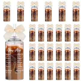 Skylety 24 Pcs Thank You Cups Bulk 13.5 oz Employee Appreciation Gifts Skinny Plastic Tumbler with Straw Lid Bow Inspirational Iced Coffee Can for Team Employee Coworker Staff(Cream,Christian)