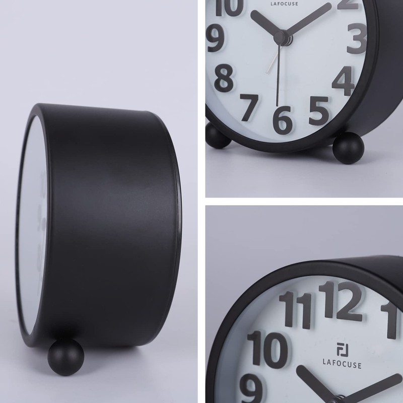 Lafocuse Analogue Alarm Clock, No Ticking, Metal Black 3D Numbers,