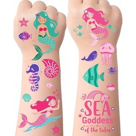 Tatuajes temporales de sirenas para niños: 106 diseños adorables de sirenas y océanos, resistentes al agua, no tóxicos y respetuosos con la piel, fáciles de aplicar, perfectos para el mundo s