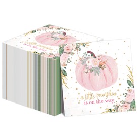 Quera A Little Pumpkin is On the Way Napkins, Little Pumpkin Baby Shower Decorations Pink Boy Girl Fall Paper Napkins Boy Girl Pumpkin Gender Reveal Party Decorations (6.5 x 6.5 In, 50-Pack)