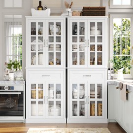Fotosok 71'' Tall Kitchen Cabinet with Glass Doors and Drawer, Freestanding Food Pantry with Adjustable Shelves for Dining Living Room, White