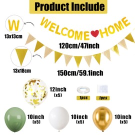 Welcome Home Decorations,Green Gold Welcome Home Balloons Banners Set,Welcome Home Glitter Banner with Confetti Balloons,Pennant Flag Bunting for Home Family Baby Shower Welcome Back Party Supplies