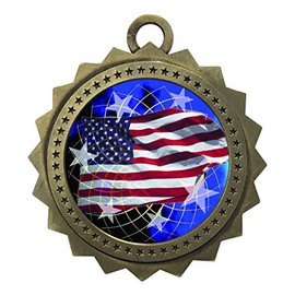 10 PK of American Flag Gold Medals Trophy Award with Neck Ribbons D03-FCL570