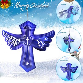 Fonmy Stainless Steel Wind Spinner Worth Gift Indoor Outdoor Garden Decoration Crafts Ornaments Metal Art Kinetic Yard Art Decorations 12 inch Blue Color Angel Wing Cross Wind Spinners