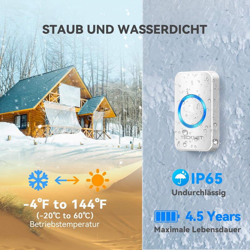 TECKNET Wireless Doorbell, Wireless Doorbell Set, 400 m Range, IP65