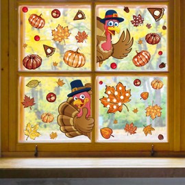Whaline 9 Sheet Fall Thanksgiving Window Clings Turkey Pumpkin Maple Leaf Reusable Window Decals for for Autumn Harvest Seasonal Holiday School Office Supplies Glass Home Decor